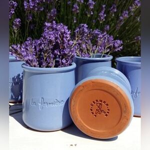 THREE GLAZED LA FERMIERE MULTI-PURPOSE PERIWINKLE BLUE POTS - PLANT POT CANDLES